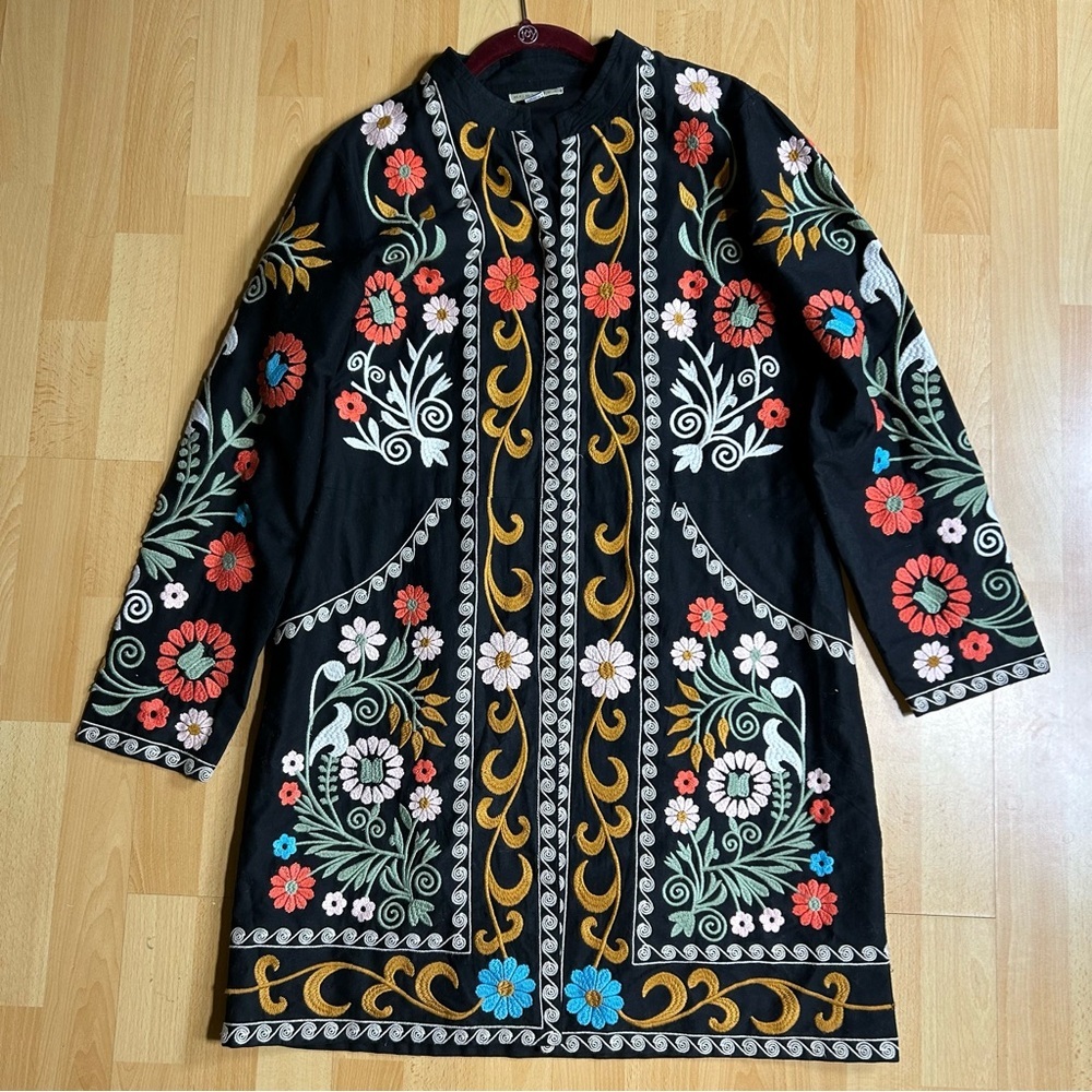 Ruby Yaya Floral Embroidered Long Line Black Jacket‎ Boho Cottagecore